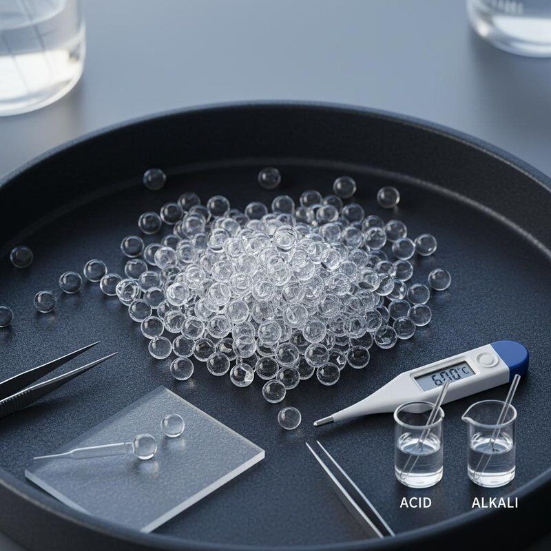 Manik-manik kaca berongga dengan diameter 10-75 μm, tahan suhu hingga 600 °C, dan tahan terhadap asam dan alkali